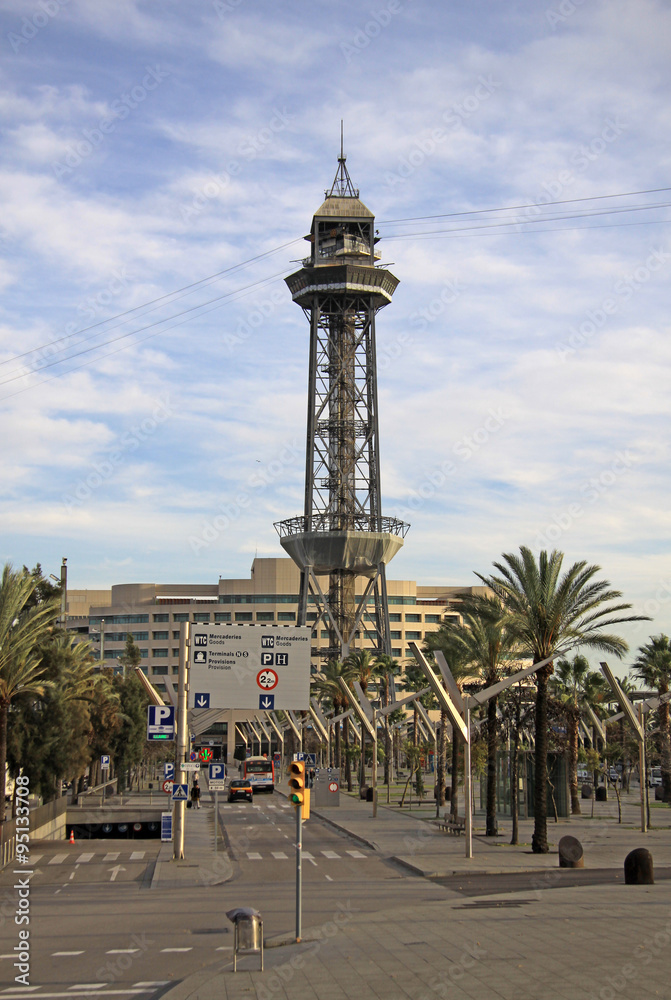 BARCELONA, CATALONIA, SPAIN - DECEMBER 13, 2011: Torre Jaume I - the ropeway tower that connects the Montjuic mountain with the Port Vell in Barcelona