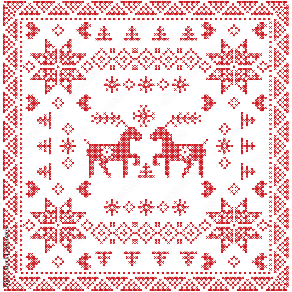 Scandinavian style Nordic winter stich, knitting seamless pattern in the square, tile shape including snowflakes, trees,xmas snowflakes, hearts, reindeer and Decorative elements in
Scandinavian style Nordic winter stich, knitting seamless pattern in the square, tile shape including snowflakes, trees,xmas snowflakes, hearts, reindeer and Decorative elements in