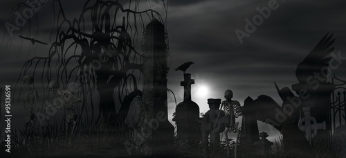 Dark Angel at a graveyard on a foggy night with full moon