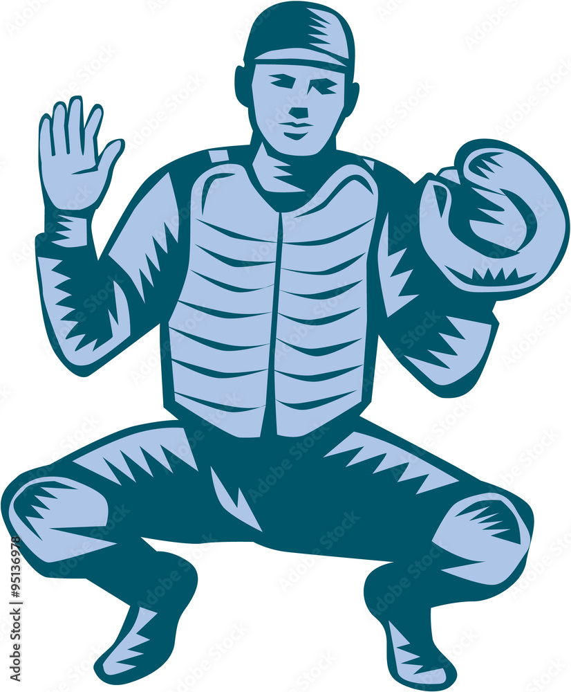 Fototapeta premium Baseball Catcher Gloves Woodcut