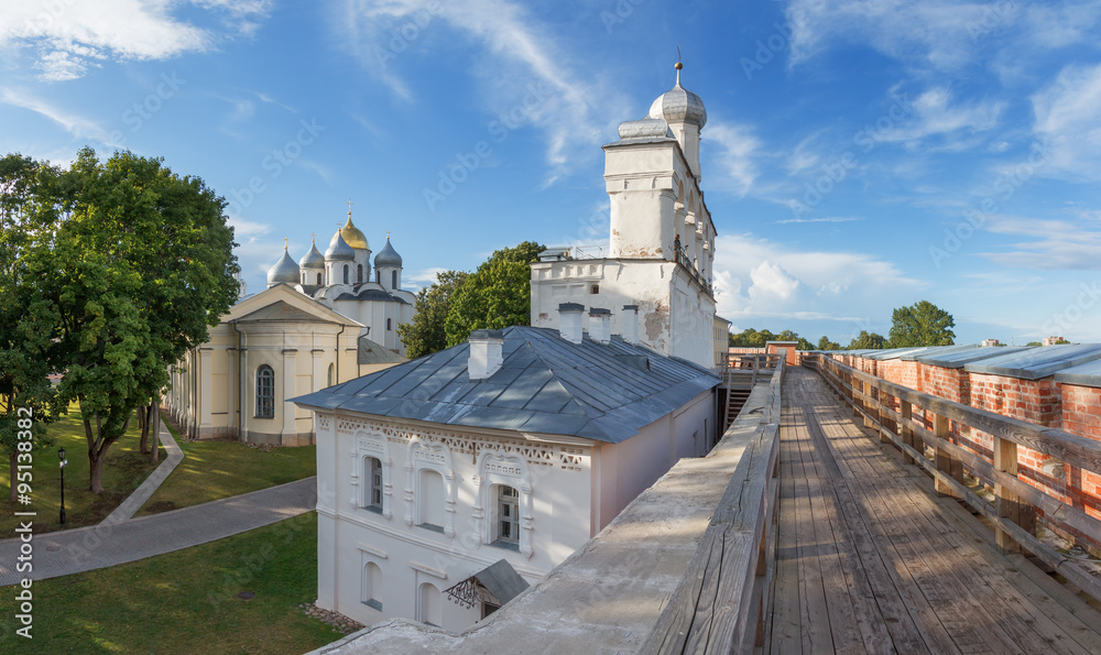 Velikiy Novgorod. Panoramic view of the bell tower and architecture of the Novgorod Kremlin from the Kremlin wall