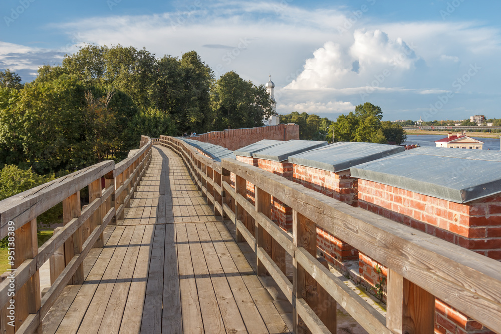 Fototapeta premium Velikiy Novgorod. Wooden walking platform on the wall of the Kremlin