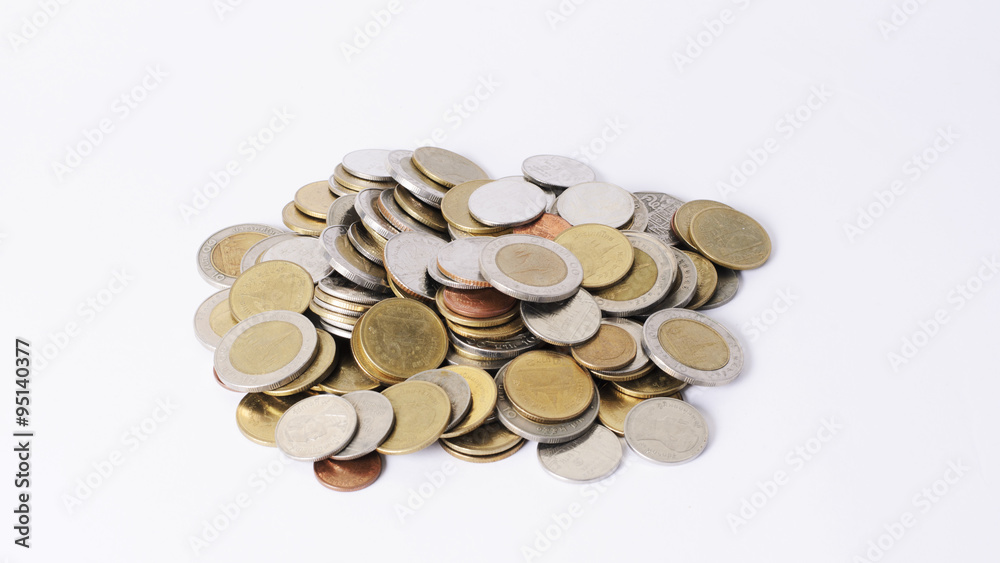 Coins stack money with close up on white background Coins stack money with close up on white background