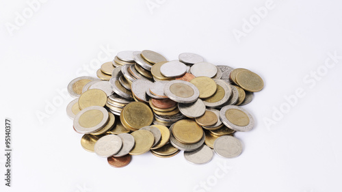 Coins stack money with close up on white background