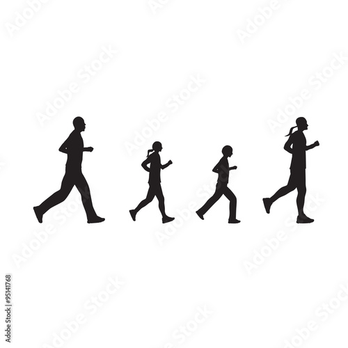 Black silhouettes of running people, family.