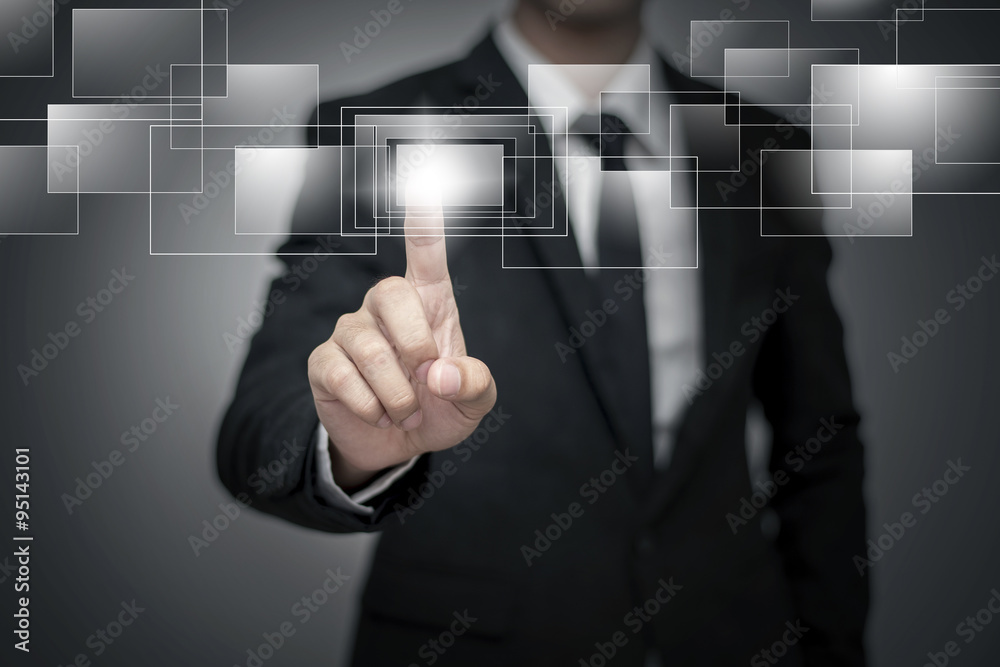 Close up of businessman touching digital screen with finger Close up of businessman touching digital screen with finger