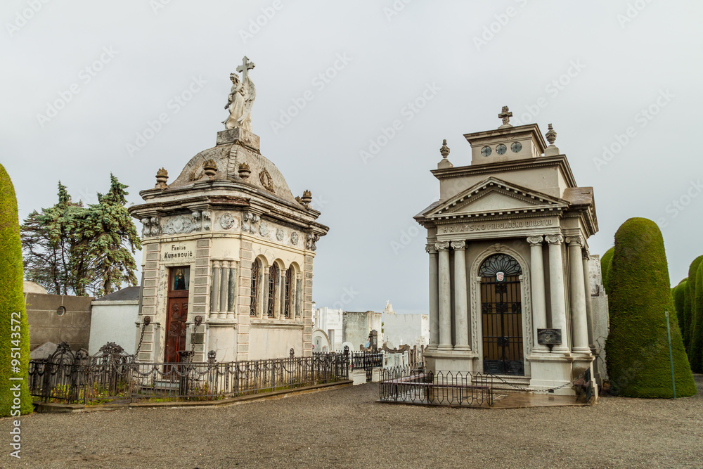 Tombs and graves at a cemetery in Punta Arenas, Chile.