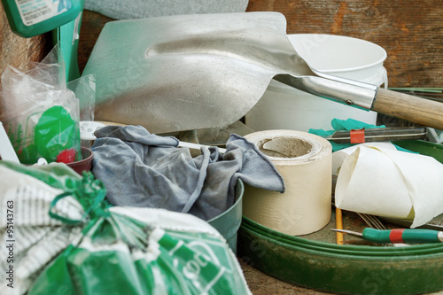 Cluttered and messy storage of garden tools  for diy projects