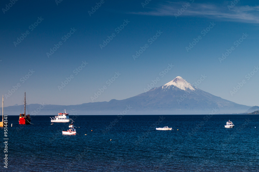 View of Osorno volcano over Llanquihue lake, Chile View of Osorno volcano over Llanquihue lake, Chile
