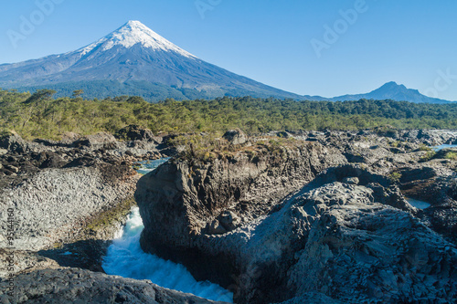 Saltos del Petrohue waterfalls and volcano Osorno in National Park Vicente Perez Rosales, Chile