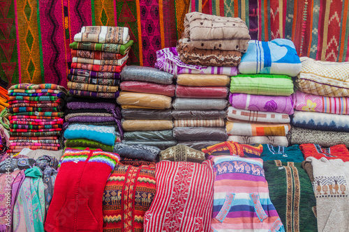 Traditional handmade products for sale on a market in Purmamarca village, Argentina