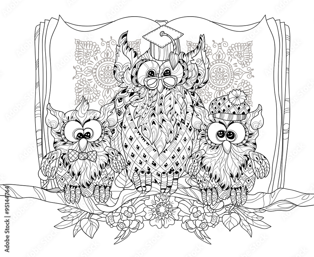 Old Owl on tree branch with small owls. Old Owl on tree branch with small owls.