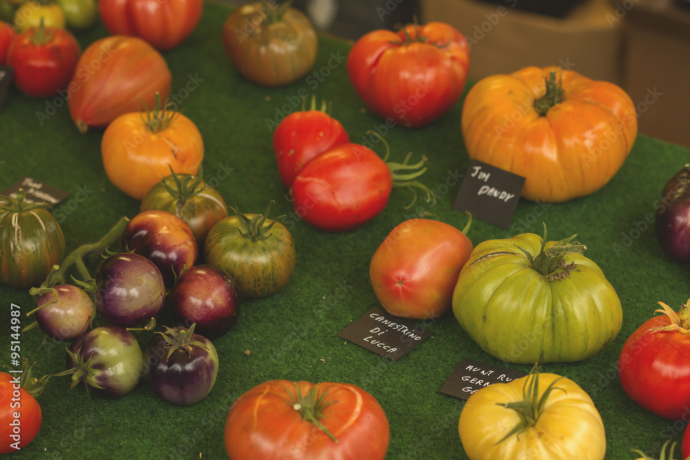 different varieties of ecological bio tomatoes in a market different varieties of ecological bio tomatoes in a market