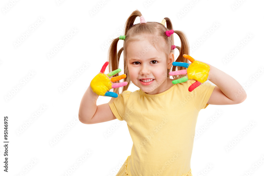 little smiling girl with brightly painted hands little smiling girl with brightly painted hands