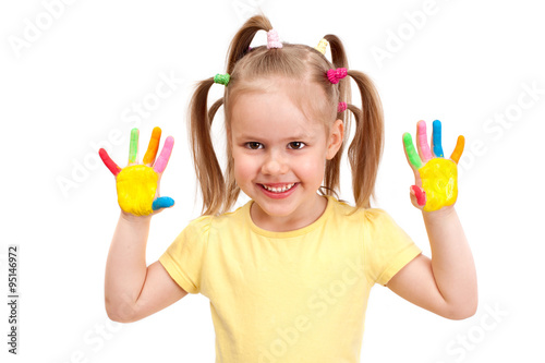 A cheerful girl with painted bright colors palms