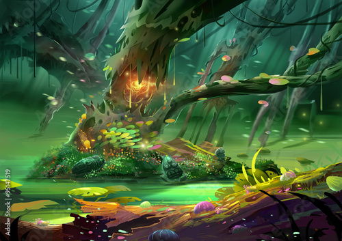 Ilustracja: Magiczne drzewo we wspaniałym, tajemniczym i przerażającym lesie. Realistyczna scena w stylu kreskówki / tapeta / projekt tła.