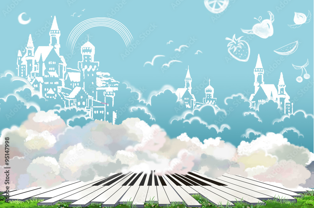 Fototapeta Illustration: The Wonderful Land of Happy Life. Doodled Castle, Fruit in the Sky. The Piano Keys on the Grass. Realistic Cartoon Style Creative Idea Design. 