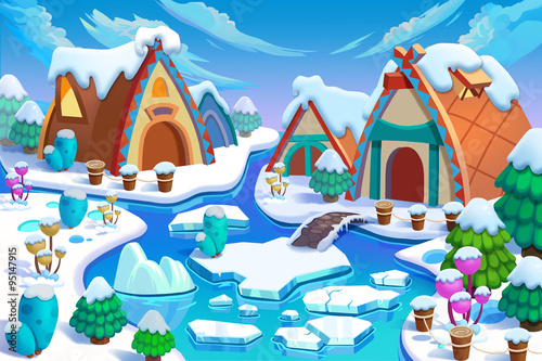 Illustration: The Human Being's Cottages in the Snow Land in the Great Ice Age! Cabin, Fence, Plant, Ice River. Realistic Cartoon Style Creative Scenery / Wallpaper / Background Design. 