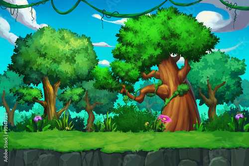 Illustration: The Tree Land. Realistic Cartoon Style Scene / Wallpaper / Background Design.
