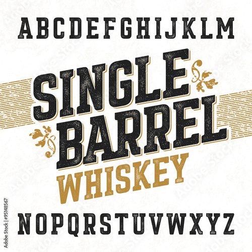 Single barrel whiskey label font with sample design. Ideal for any design in vintage style.