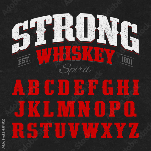 Strong whiskey label font with sample design. Ideal for any design in vintage style. 