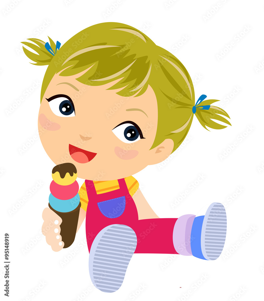 Little girl eating ice cream cartoon vector illustration Stock Vector |  Adobe Stock