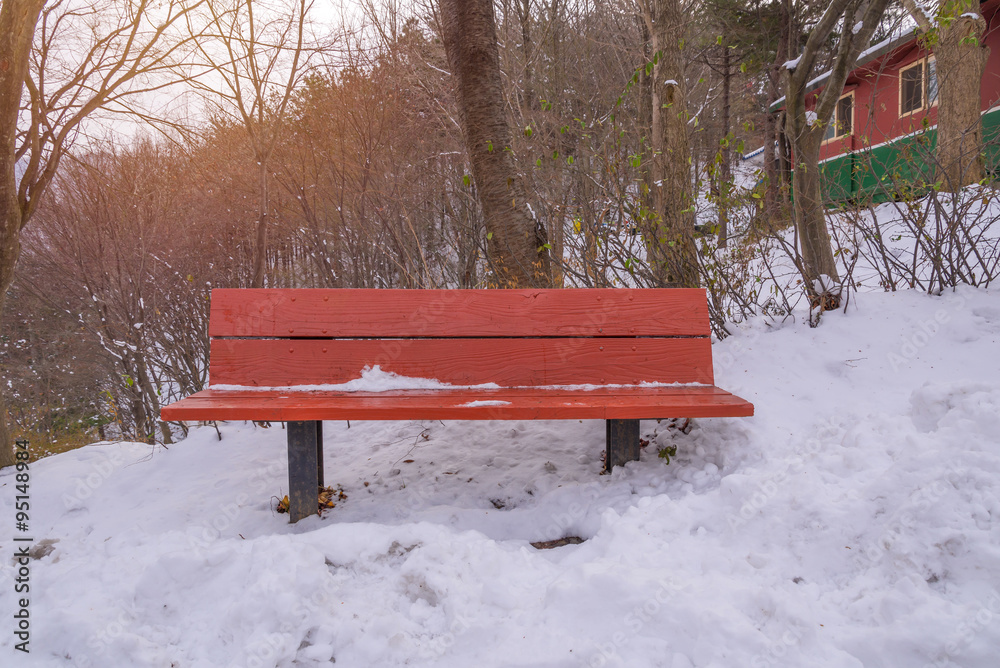 Snow on wood bench in park of winter