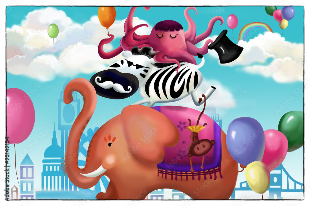 Illustration: Happy Animal Friends Card. The Elephant, The Zebra, The  Octopus. Realistic Cartoon Style Scenery / Wallpaper / Background Design.  Stock Illustration | Adobe Stock