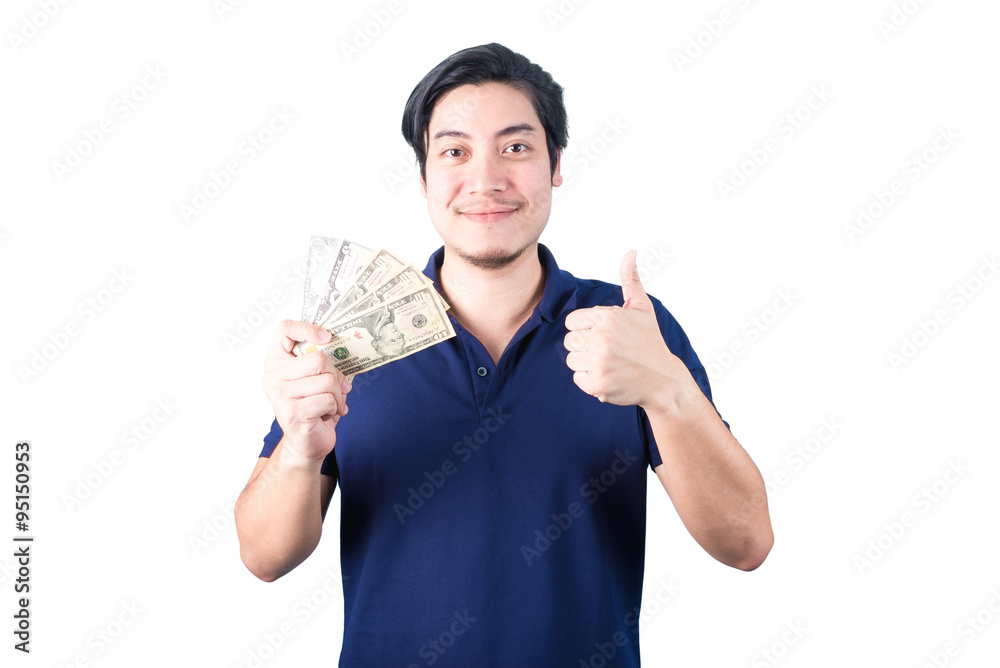 Asian handsome man holding money while standing isolated on whit Asian handsome man holding money while standing isolated on whit