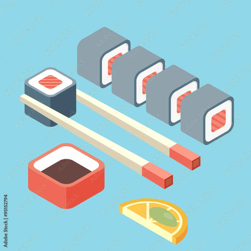 Food illustration -set of sushi roll with nori. Modern 3d flat Food illustration -set of sushi roll with nori. Modern 3d flat