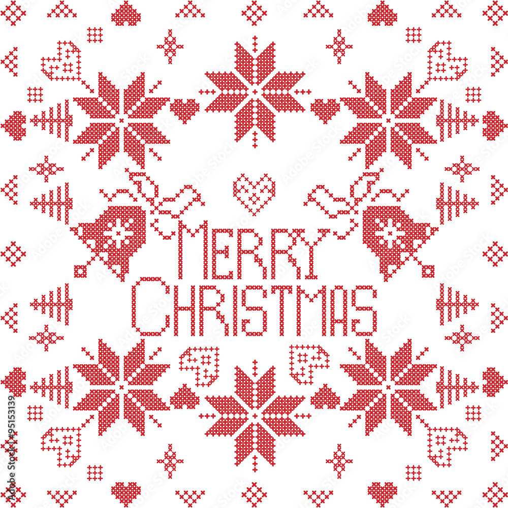 Merry Xmas Scandinavian style Nordic winter stitch, knitting seamless pattern in the square shape including snowflakes, trees, hearts, decorative elements in in red tile
Merry Xmas Scandinavian style Nordic winter stitch, knitting seamless pattern in the square shape including snowflakes, trees, hearts, decorative elements in in red tile