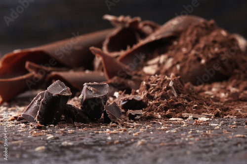 Dark chocolate shavings and sprinkled cocoa powder