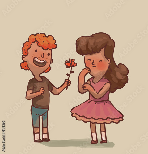 Vector cartoon image of a little boy with red hair in blue shorts and a brown T-shirt giving red flower a little girl with long brown hair in a pink dress on a light background.