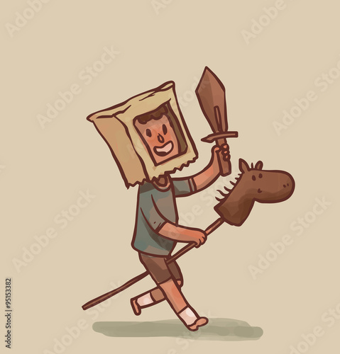 Vector cartoon image of a funny little boy in a blue shirt, gray shorts and a white paper bag on his head, sitting on a horse stick with brown wooden sword in his hand on a light background.