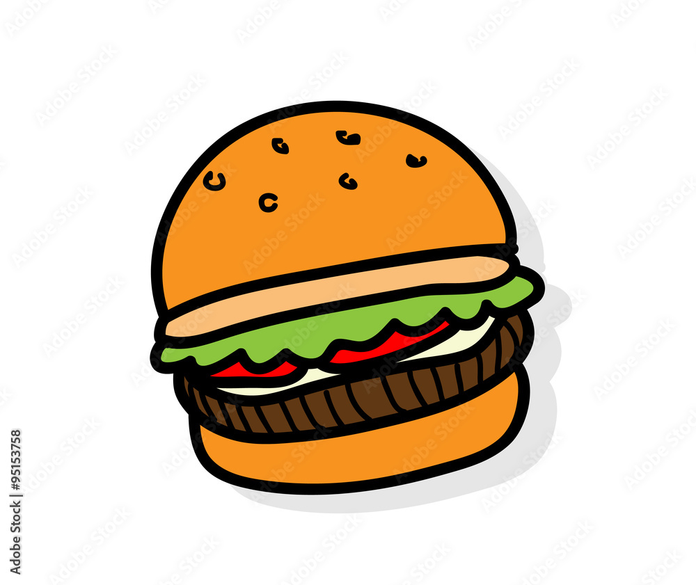 Burger Icon, a hand drawn vector illustration of a burger icon with  a light shadow backdrop (editable).