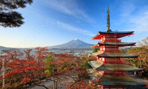 Mt. Fuji with Chureito Pagoda at sunrise  Fujiyoshida  Japan