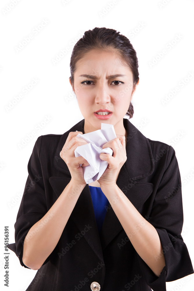 Hand of businesswoman holding crumpled paper isolated on white b Hand of businesswoman holding crumpled paper isolated on white b
