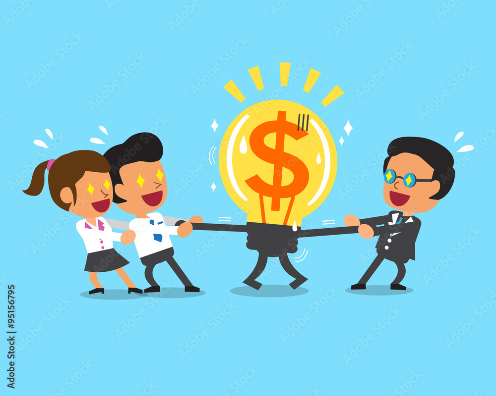 Cartoon business team and boss pulling big money idea Cartoon business team and boss pulling big money idea