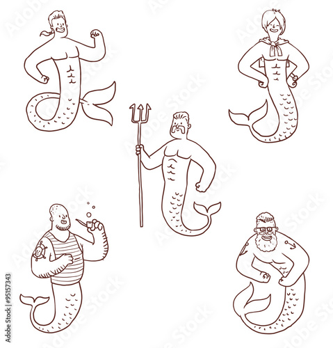 Vector Set of Mermaids males. Line cartoon image of five mermaids males in different poses on a white background.