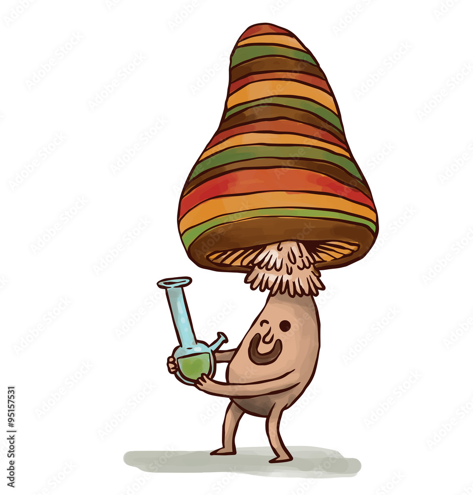 Vector Party mushroom, brown. Cartoon image of funny brown party mushroom  in orange-red-green stripes hat with bong in his hands on a white  background. Stock Vector | Adobe Stock