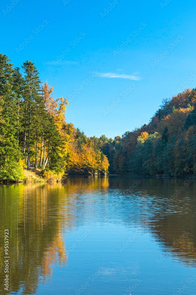 Reflection of trees on Trakoscan lake in Zagorje, Croatia, season, autumn