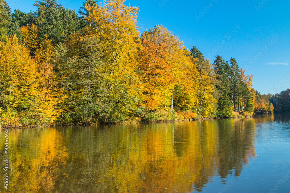 Reflection of trees on Trakoscan lake in Zagorje, Croatia, season, autumn