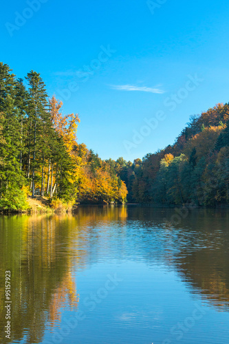 Reflection of trees on Trakoscan lake in Zagorje  Croatia  season  autumn