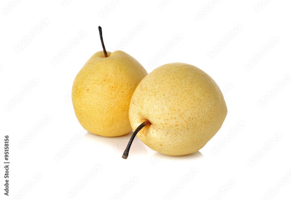 Chinese pear or Nashi pear with stem on white background Chinese pear or Nashi pear with stem on white background