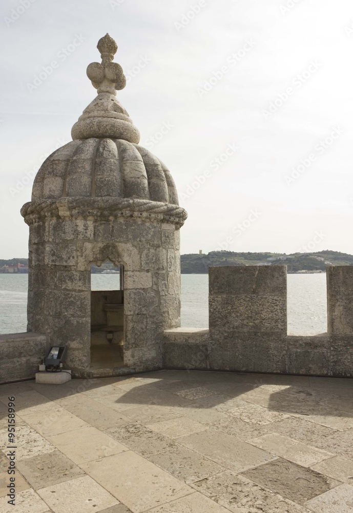 Close up detail of the Bastion terrace of Belem Tower, with its Moorish bartizan turrets and cupolas