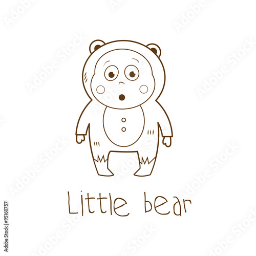 Children's card with cartoon baby in a suit. Vector image. Little bear.