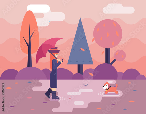 Autumn walk with dog puddles umbrella nature park concept flat design landscape background template vector illustration