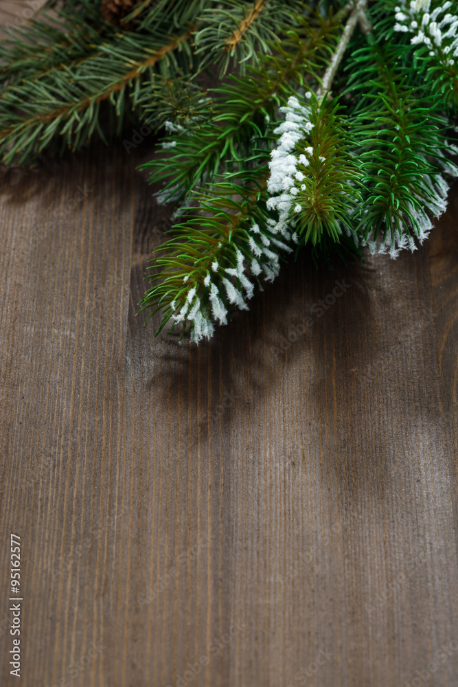 wooden background with fir branches, top view, vertical