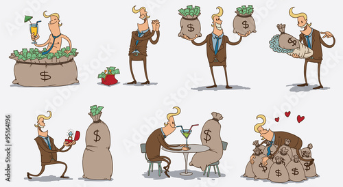 Vector Set of Crazy businessmen who love money. Cartoon image of a set of crazy businessmen in a brown suit who love money on a light background.