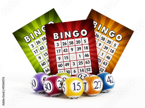 Bingo card and balls with numbers photo